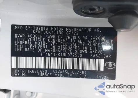 2022 Toyota Camry Se Awd z USA, uszkodzony, nr VIN 4T1G11BK4NU072539